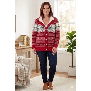 CJ Banks Plus Size 1X Fair Isle Cardigan Sweater Red White Gray Mock Neck Button